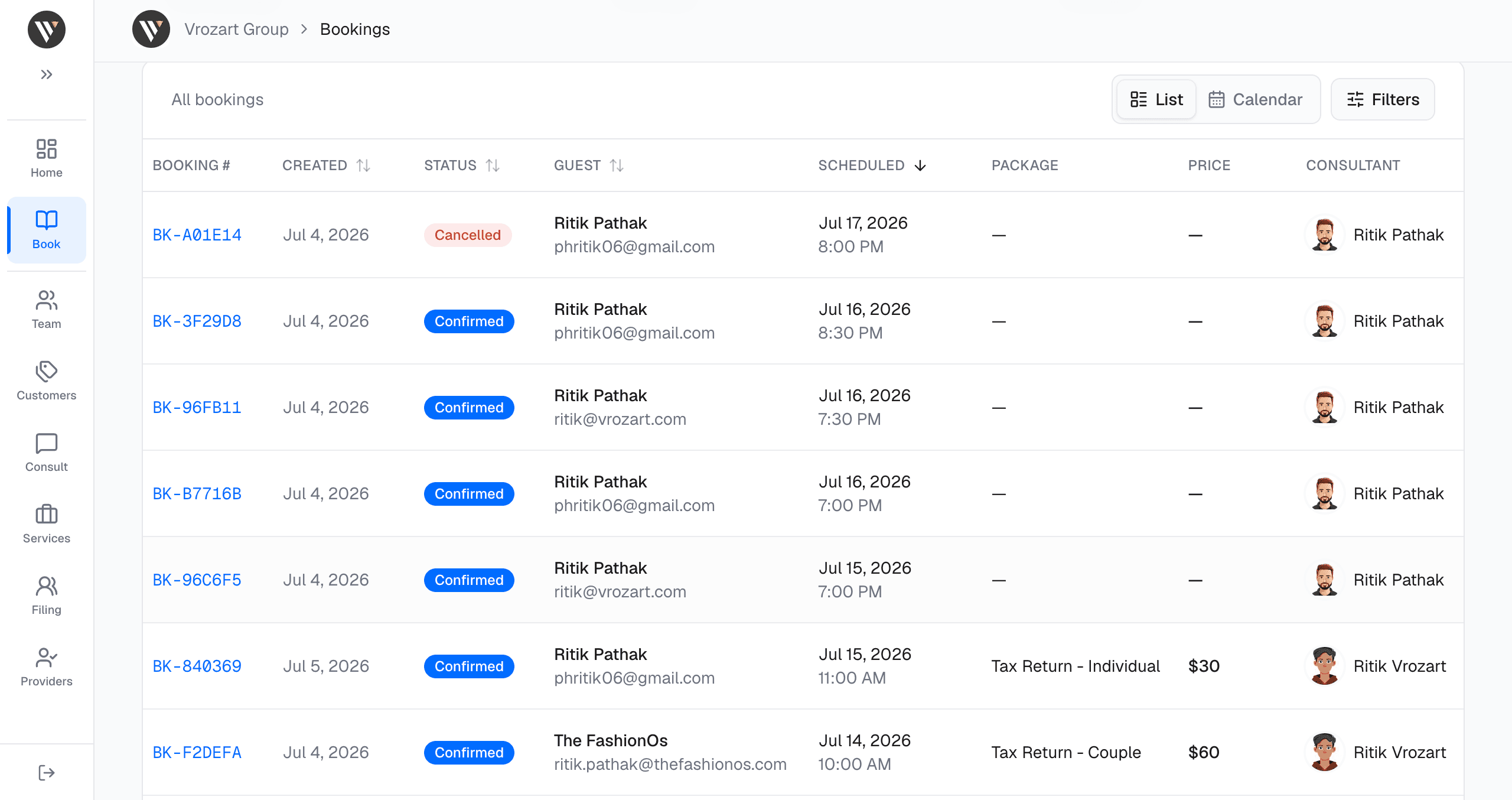 Bookings list and calendar view