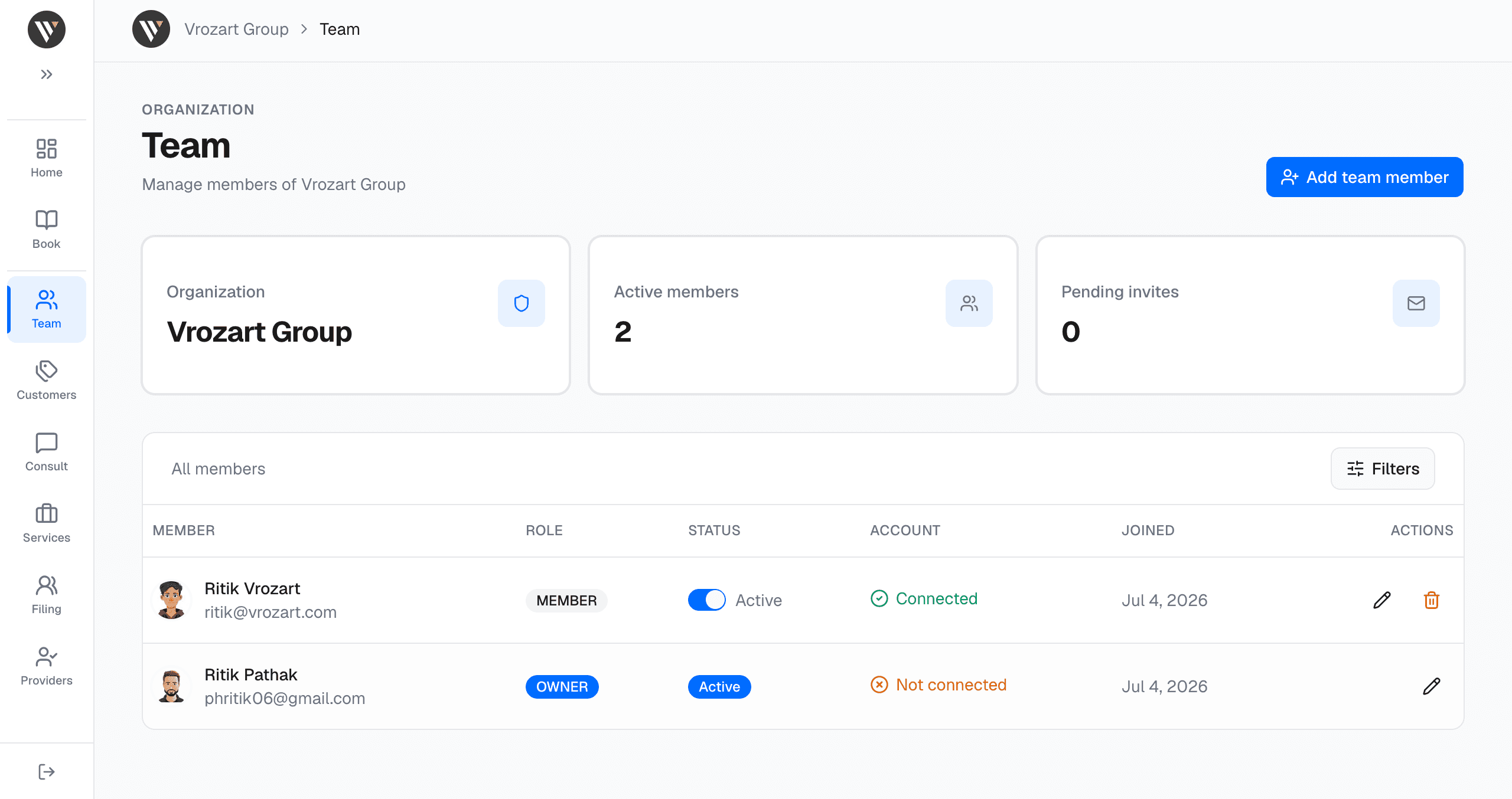 Team management dashboard