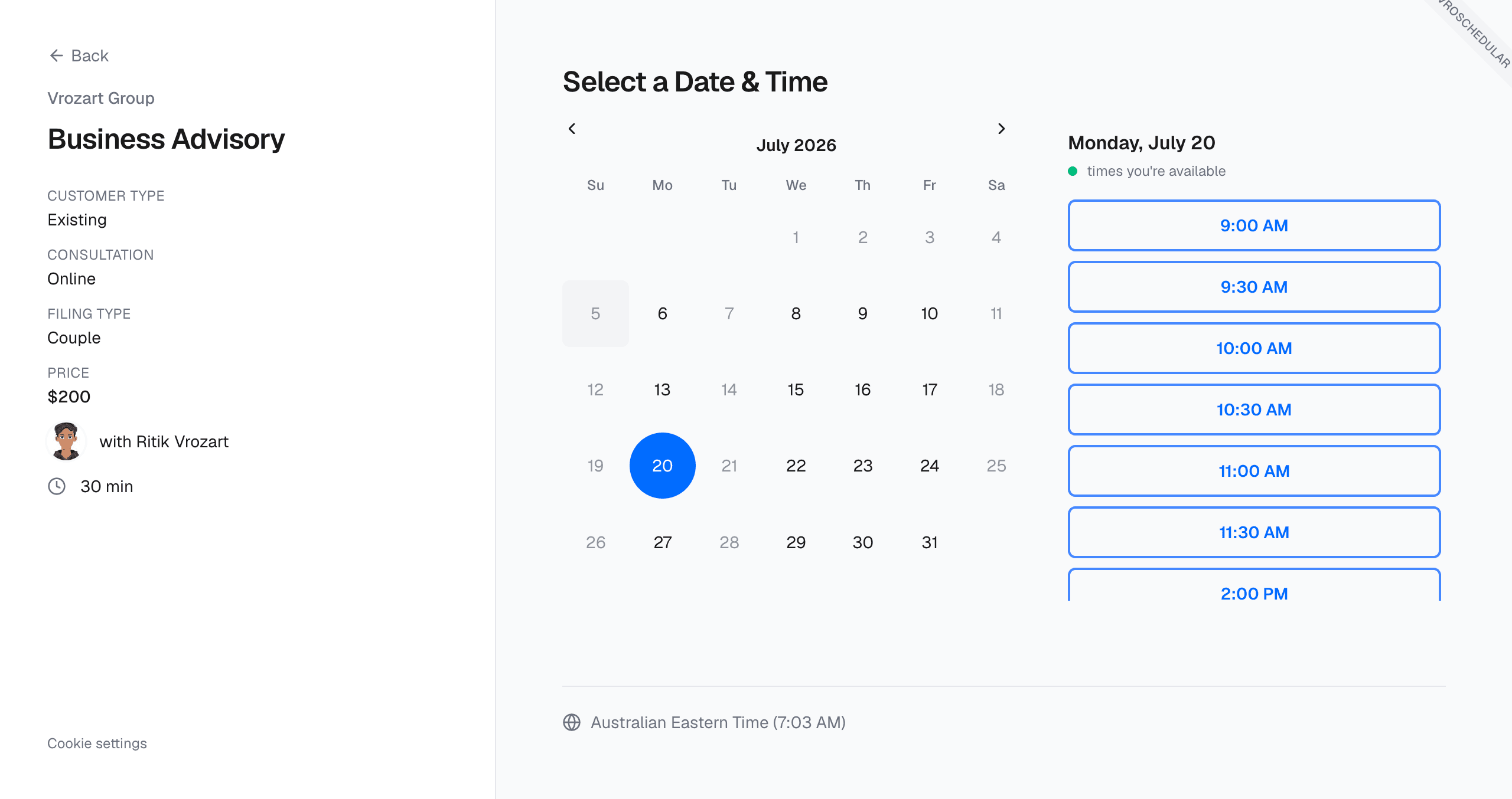 AJAKA BOOKING booking page with calendar and time slots